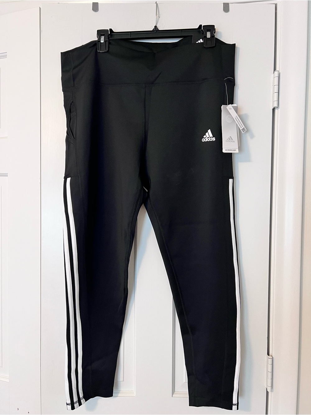 adidas women’s 3S Training Black Leggings with White Side Stripes 2XL